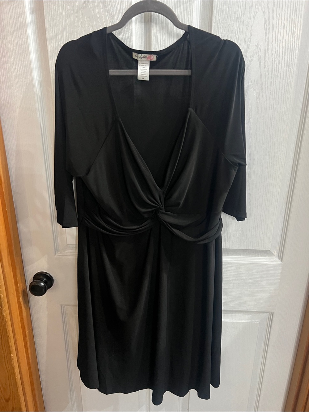 Love Squared Black Knot-Front Midi Dress with Three-Quarter Sleeves